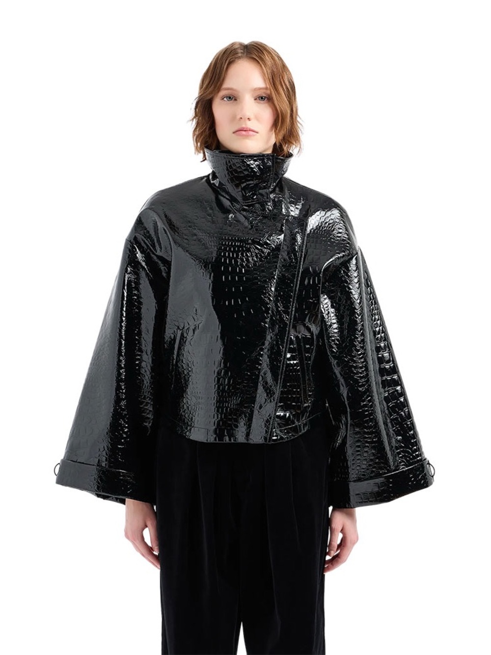 Emporio Armani Black Croc-Embossed Patent Leather High-Neck Jacket
